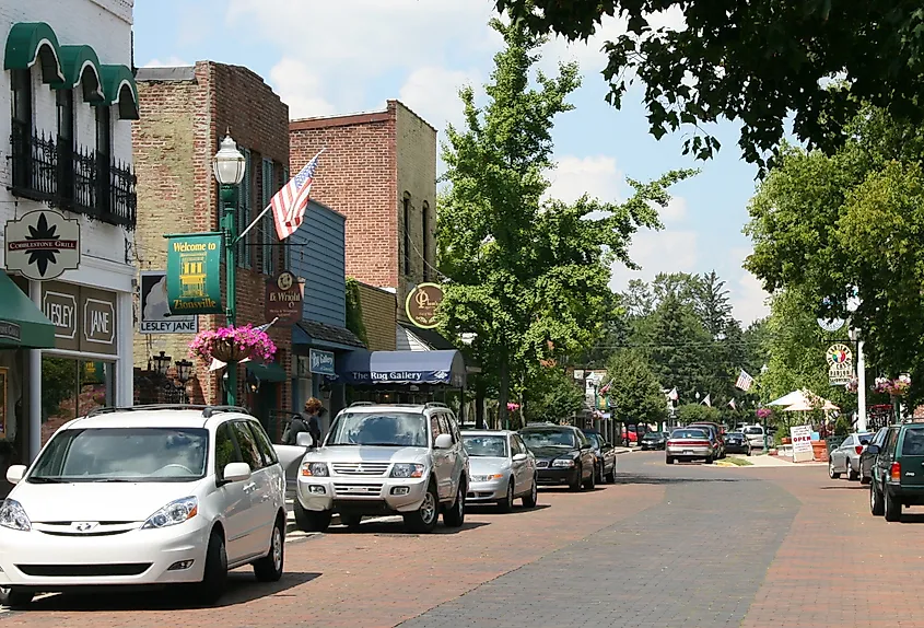 The brick Main Street in Zionsville, Indiana.