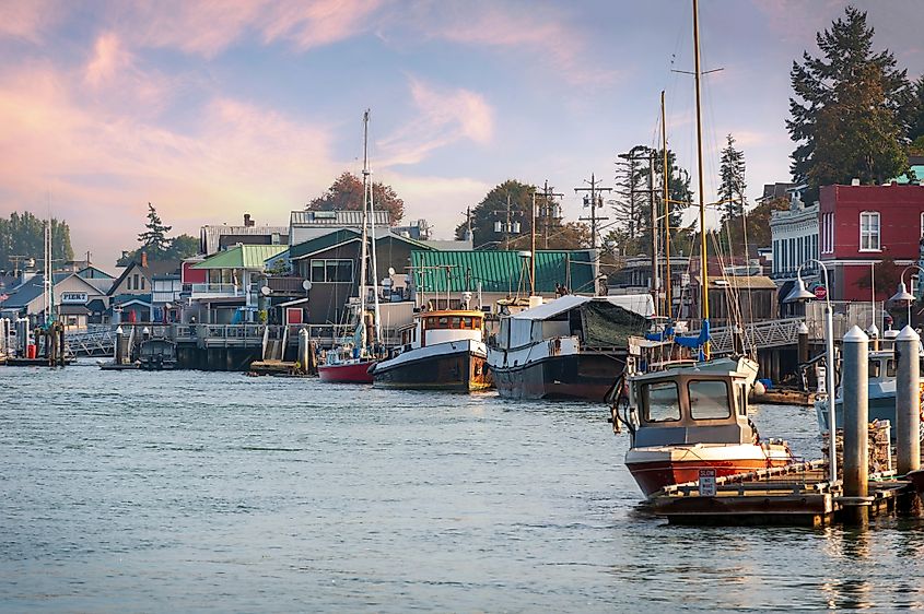 Boats along the Swinomish Channel waterfront in La Conner, Washington.