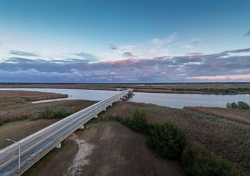 A bridge over the Maurice River at dusk