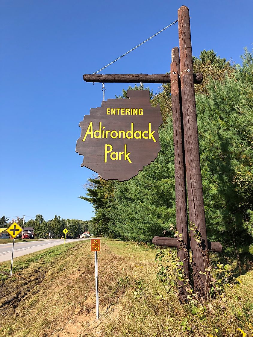 Sign for Adirondack Park along northbound New York State Route 30 (Adirondack Trail) in Mayfield, New York.