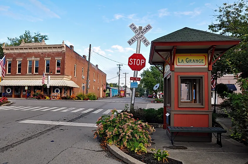 A mainline CSX train track runs down the middle of Main Street in historic La Grange, Kentucky.