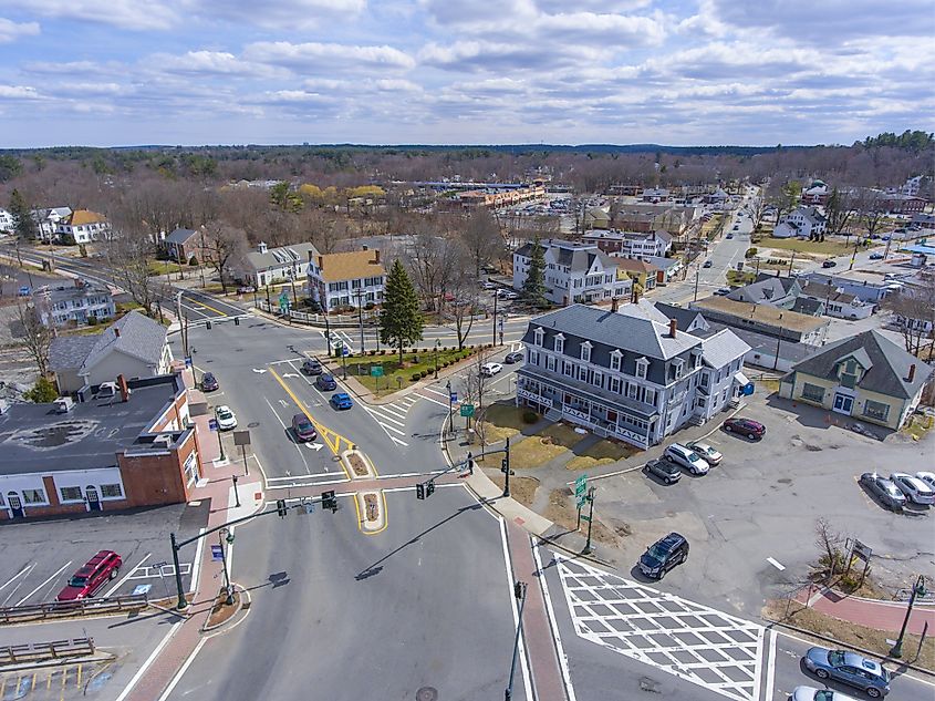Chelmsford historic town center including the Town Common and Central Square aerial view in spring, Chelmsford, Massachusetts, MA, USA.