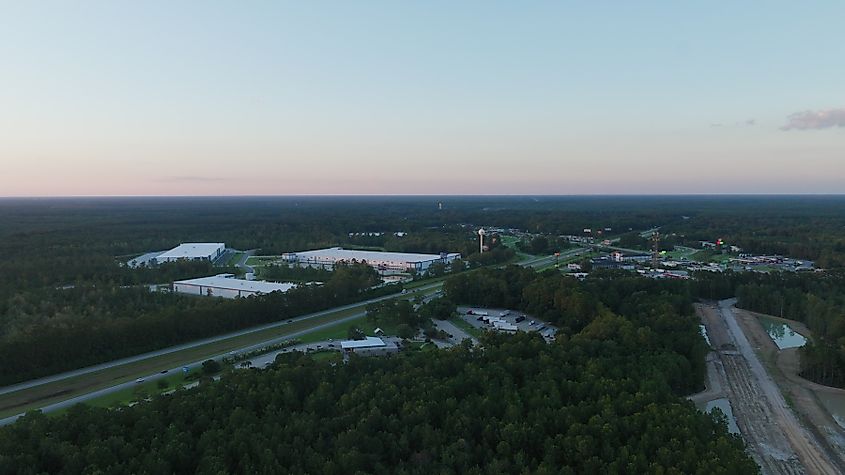 Aerial of Industrial Warehouses and Highway at Dusk, Hardeeville, South Carolina