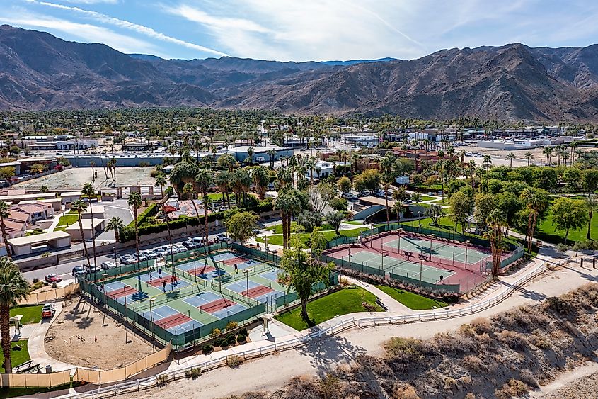 Aerial view of pickleball and tennis courts at Rancho Mirage Community Park, California.