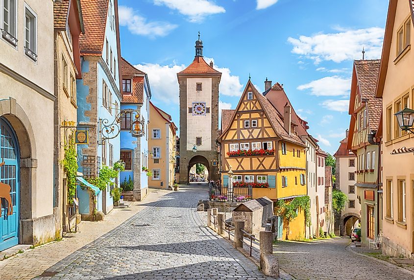 Picturesque view of medieval town Rothenburg ob der Tauber on sunny day, Bavaria, Germany