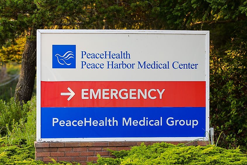 Sign for Peace Health and Peace Harbor Medical Center in Florence Oregon. 