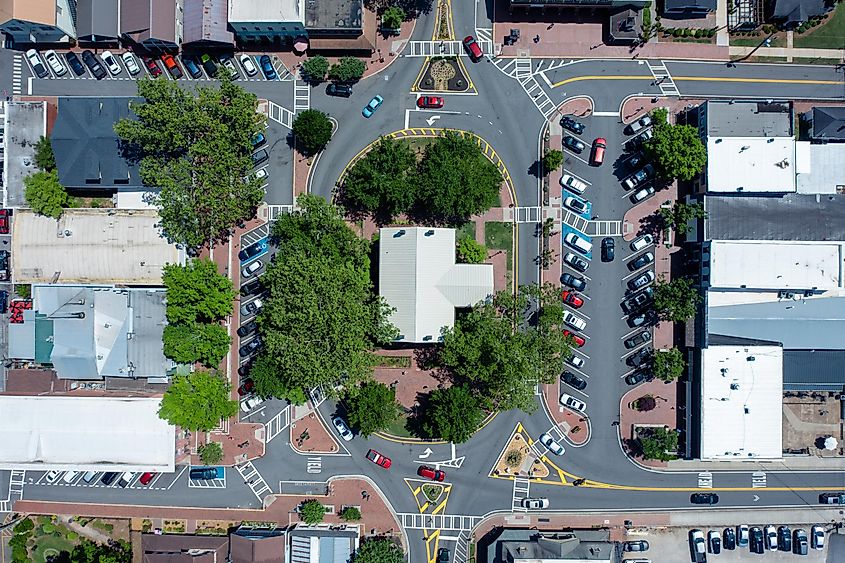 Aerial view of downtown Dahlonega with the Gold Museum at the center of the town square.