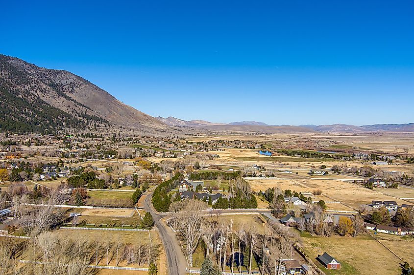 Aerial View of the Genoa Nevada area in Carson Valley with barren trees, farmland and ranches.