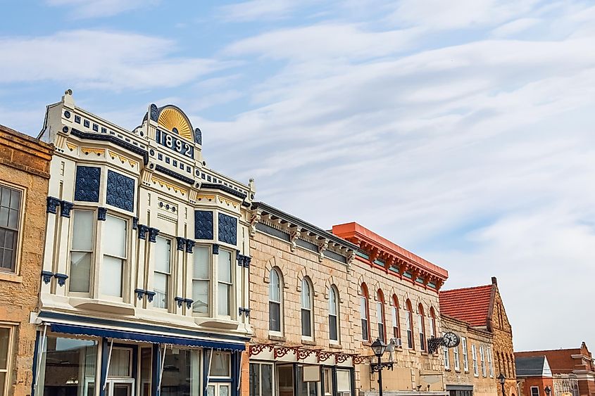 Historic buildings along Mineral Point's main street in Wisconsin.