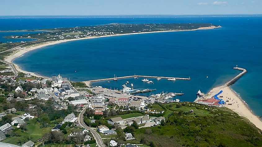 Aerial view of downtown New Shoreham, Rhode Island.