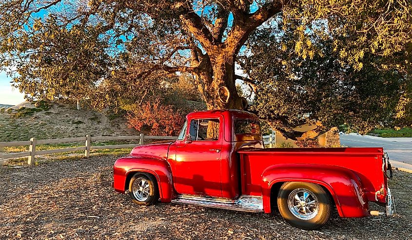 Vintage Red Pickup Truck on side of country road under large tree in autumn