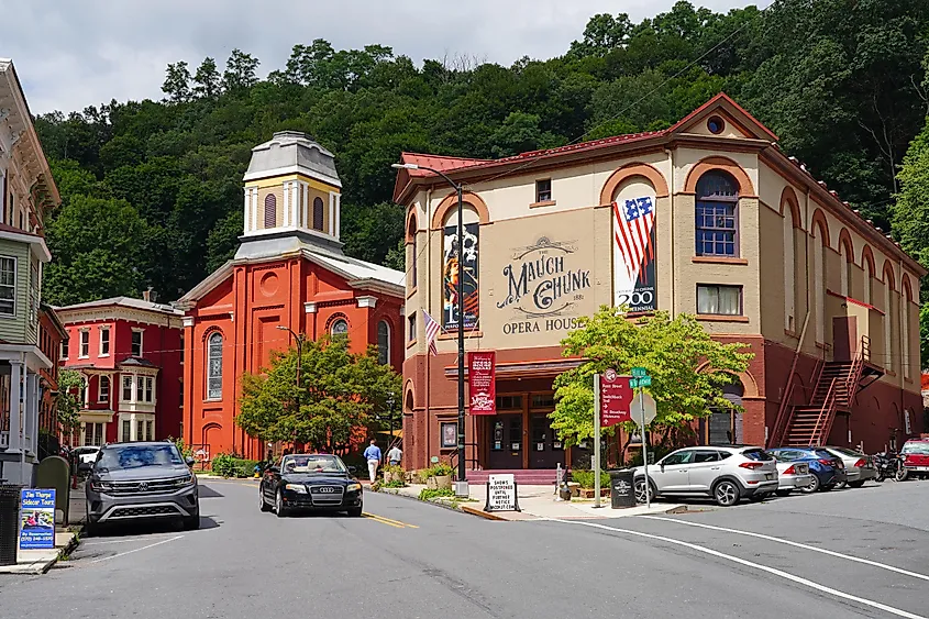 View of the landmark Mauch Chunk Opera House in the historic town of Jim Thorpe in the Lehigh Valley in Carbon County, Pennsylvania, United States, via EQRoy / Shutterstock.com