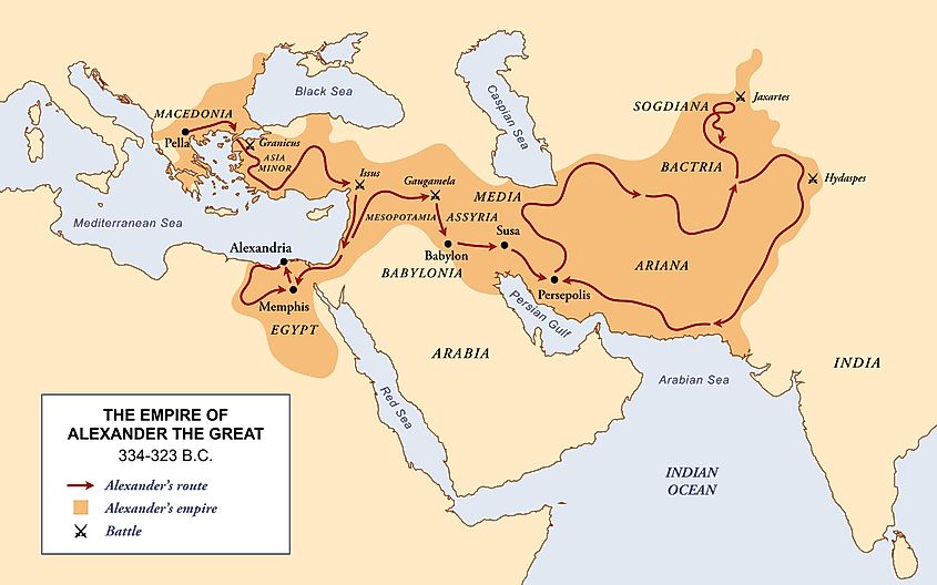 The empire, route and battles of Alexander the great from Greece to India