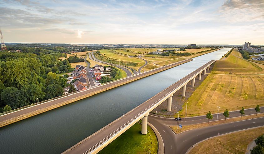 Pont du Sart aqueduct channel in Belgium from above with beautiful countryside panorama in summer