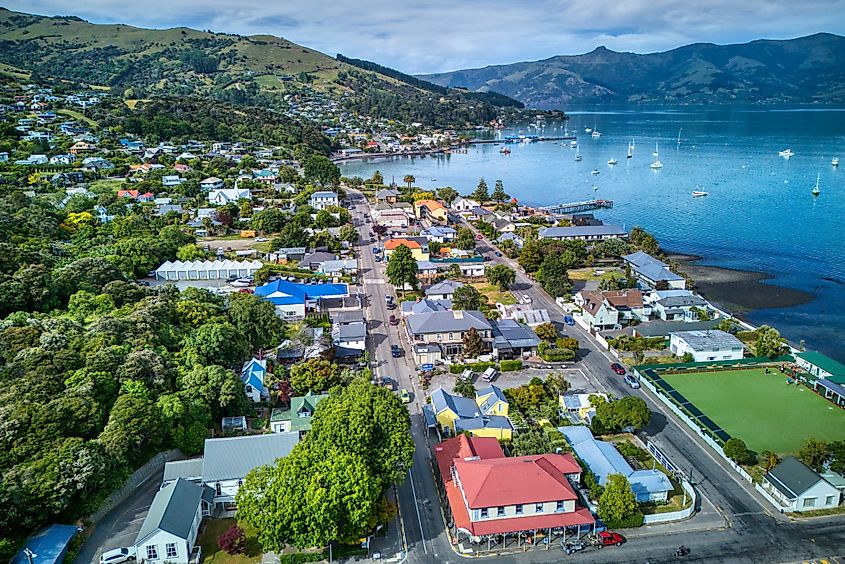 Aerial view of the picturesque town of Akaroa, New Zealand