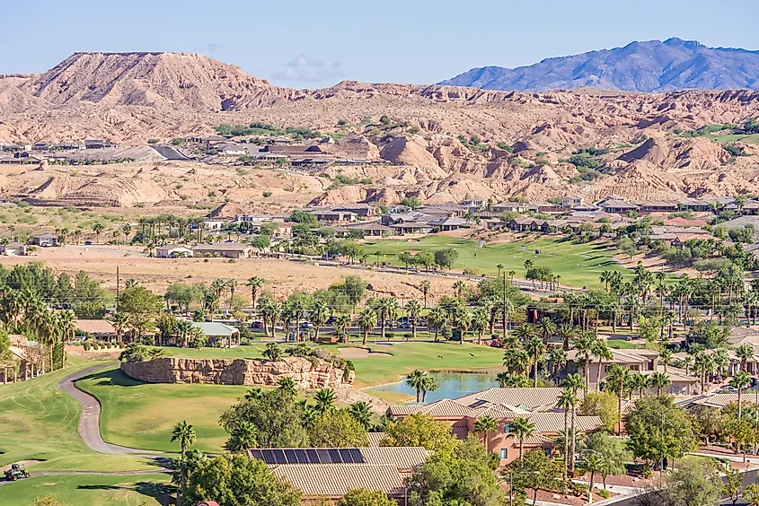 Mesquite, Nevada, in a valley with mesas and mountains.