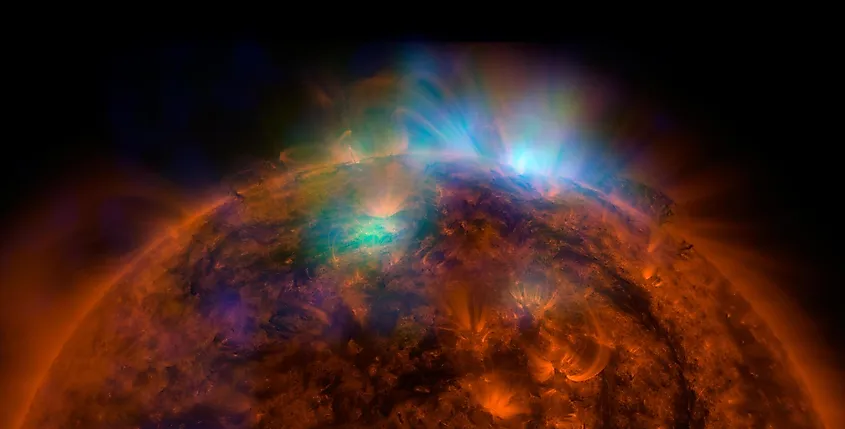 An image of the Sun showing solar flares and active regions, captured by NASA's telescopes. The Sun produces energy through hydrogen fusion in its core at approximately 15 million degrees Celsius.
