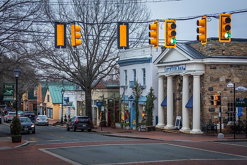 City center of Middleburg, Virginia, with intersection and small businesses.