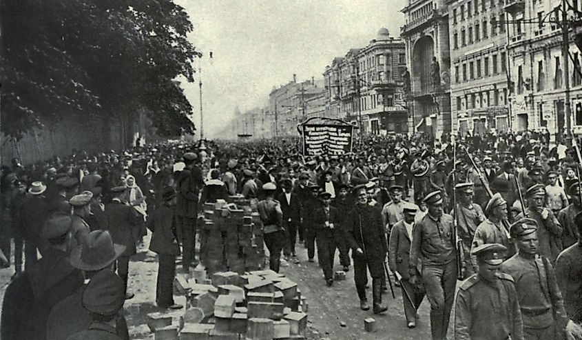 Bolshevik parade in St. Petersberg during the Russian Revolution, Spring, 1917.
