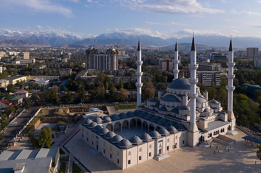 Aerial view of the new Central Mosque of Imam Sarakhsi in Bishkek, Kysgyzstan capital, via Fabio Nodari / Shutterstock.com