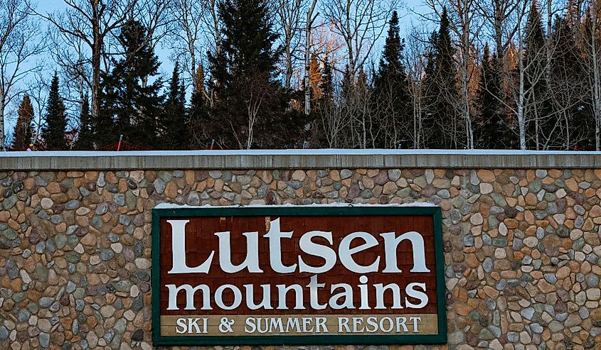 A sign for the Lutsen Mountains ski area, a popular winter skiing and snowboarding vacation and recreation destination along Minnesota's North Shore of Lake Superior