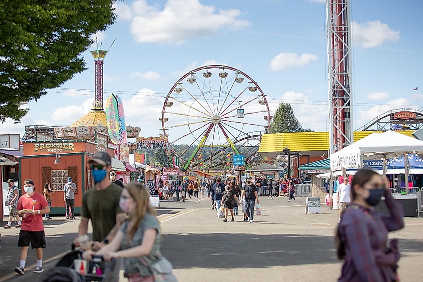  A view of a crowd enjoying the experience of the Washington State Fair in Puyallup, Washington.