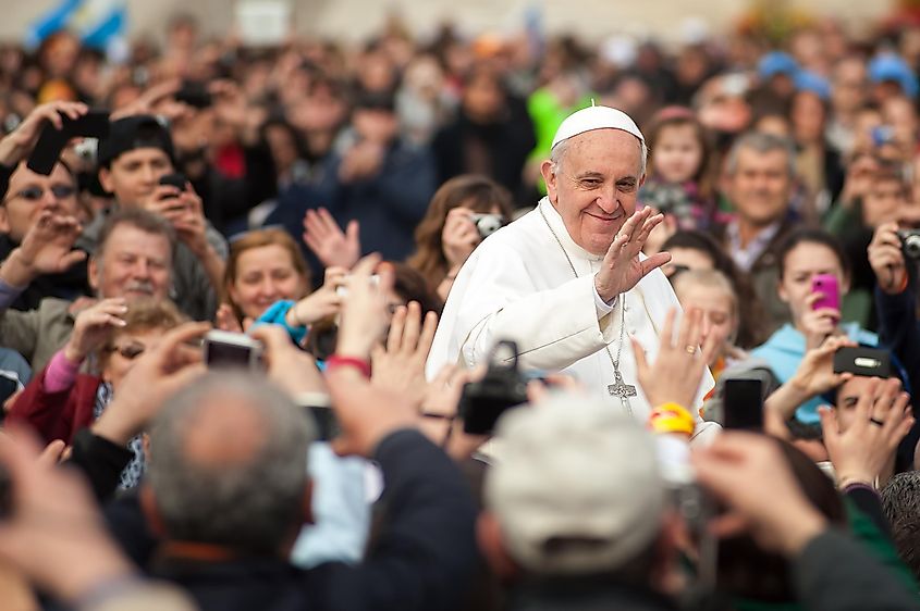 His Holiness Pope Francis I greets gathered prayers in Rome, Italy,