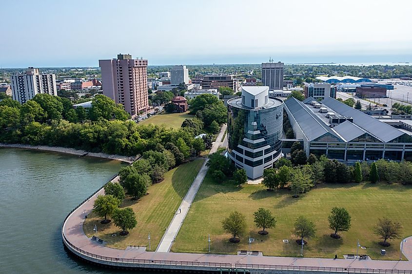 Aerial View of Victory Landing Park and downtown Newport News seen from the water, via Kyle J Little / Shutterstock.com