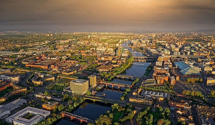 Aerial view of the River Clyde and Glasgow City during oncoming storm