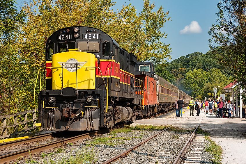 Scenic train stopping at Peninsula station on the Cuyahoga Valley Scenic Railroad in Peninsula, Ohio.