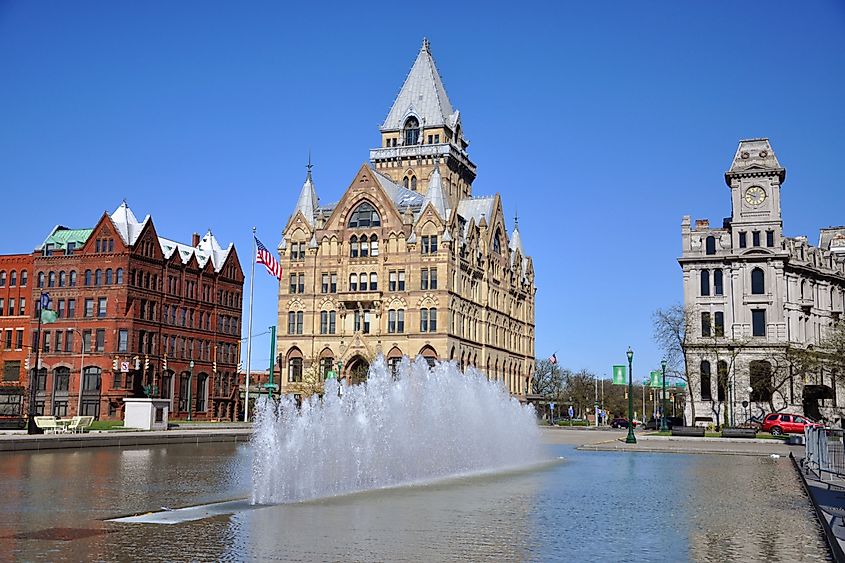Syracuse Savings Bank Building (left) and Gridley Building (right) at Clinton Square in downtown Syracuse, New York