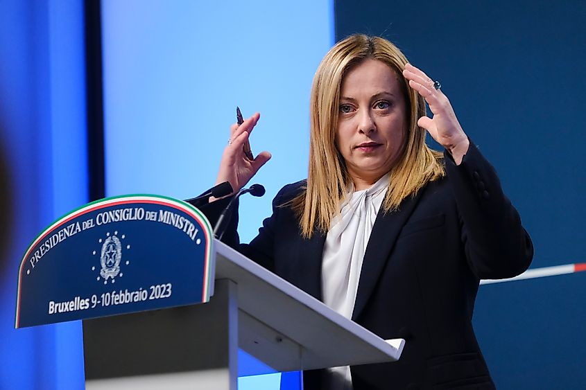 Italian Prime Minister Giorgia Meloni speaks during a press conference in Brussels, Belgium.