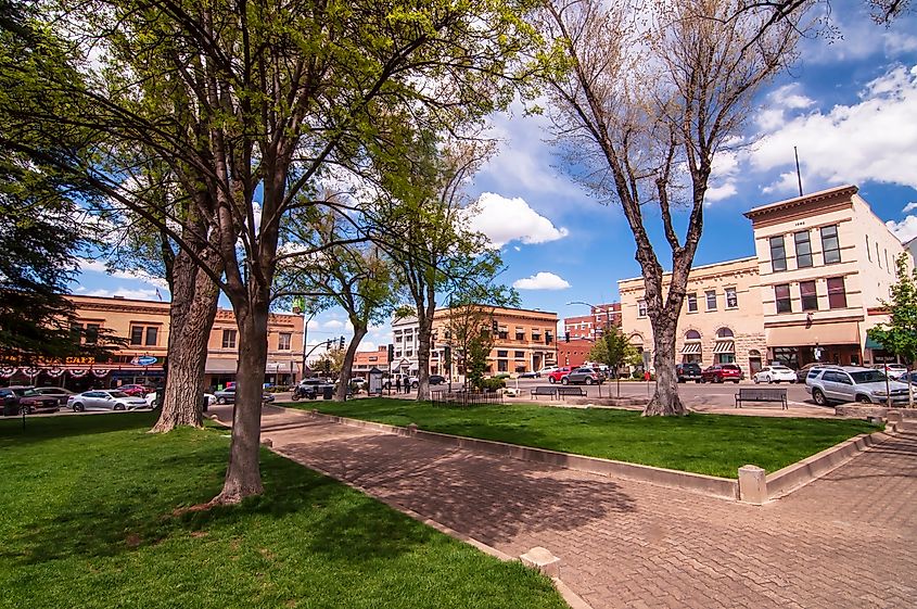 The Yavapai County Courthouse Square looking at the corner of Gurley and Montezuma Streets on a sunny spring day