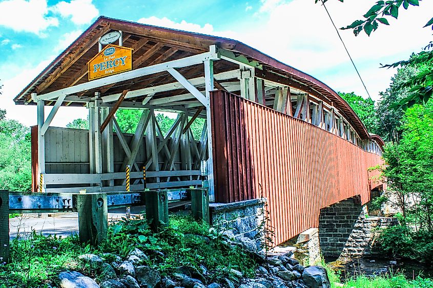 Engin, Quebec / Canada - August 2015: The Powerscourt Covered Bridge, alternately known as the "Percy Covered Bridge" spans the Chateauguay River, between the municipalities of Elgin and Hinchinbrooke