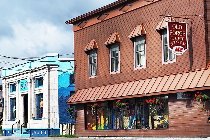 Shops and businesses along Route 28 in the picturesque Adirondack town of Old Forge , New York