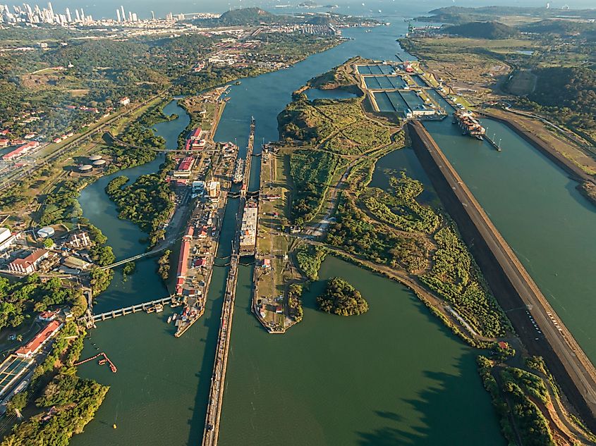 Aerial view of the Panama Canal.