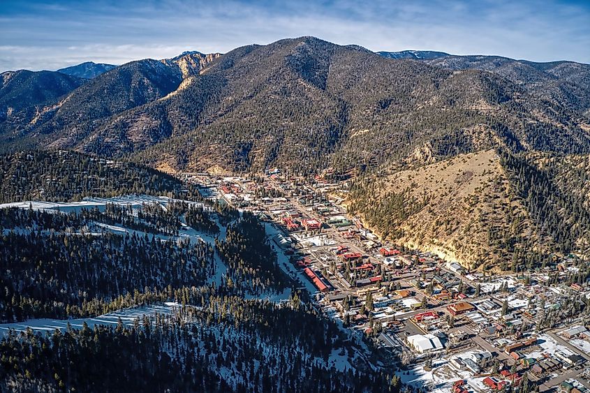 Aerial view of Red River Ski Town in New Mexico mountains.