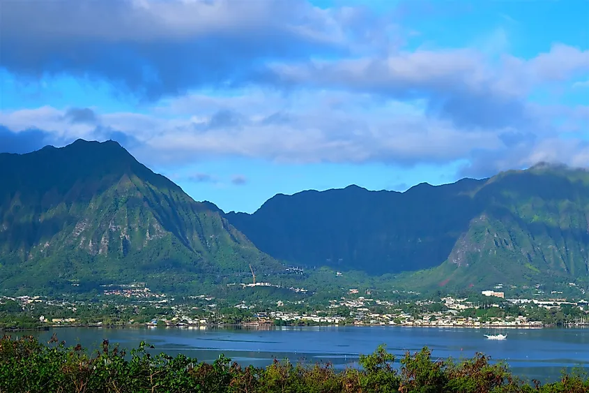 Town of Kaneohe, Oahu, Hawaii as seen from across the Kaneohe Bay.
