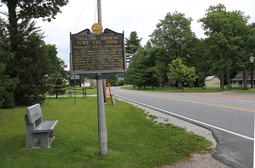 A sign for Fort Sainte Anne near Saint Anne's Shrine on Isle La Motte in Vermont.