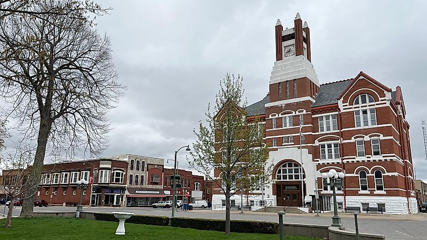 City Hall in Oskaloosa, Iowa as viewed from a nearby park.