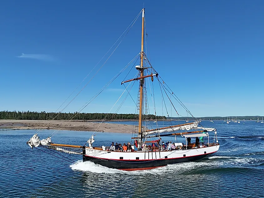 A traditional sailboat with passengers sails near a sandy shore under a clear blue sky. Calm water and distant trees create a serene atmosphere.