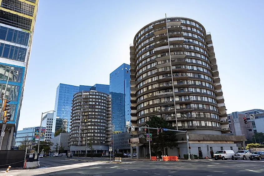 Downtown Stamford, Connecticut Street with Apartment buildings and skyscrapers