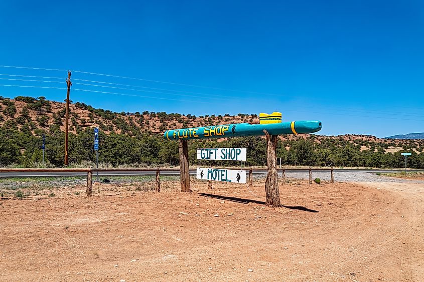 The sign for The Flute Store Gift Shop and Motel in Torrey, Utah