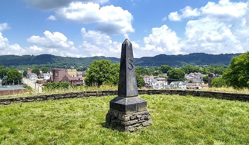 Monument on top of the Moundsville mound, showing the 4 cardinal directions.