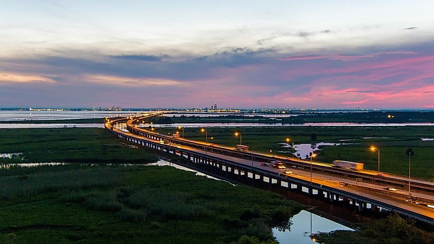 Jubilee parkway on Mobile Bay at sunset from Daphne, Alabama in July of 2022