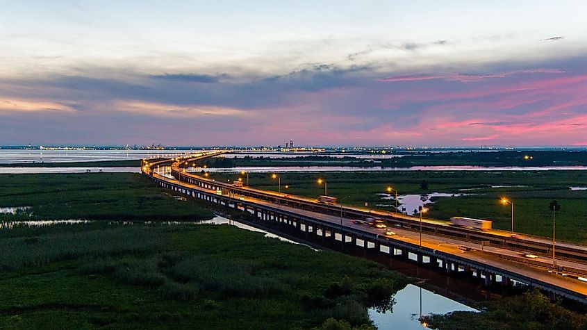 Jubilee parkway on Mobile Bay at sunset from Daphne, Alabama