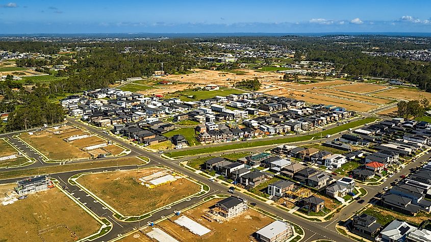 Modern Residential Development and Land Subdivision from Above Austral, NSW.