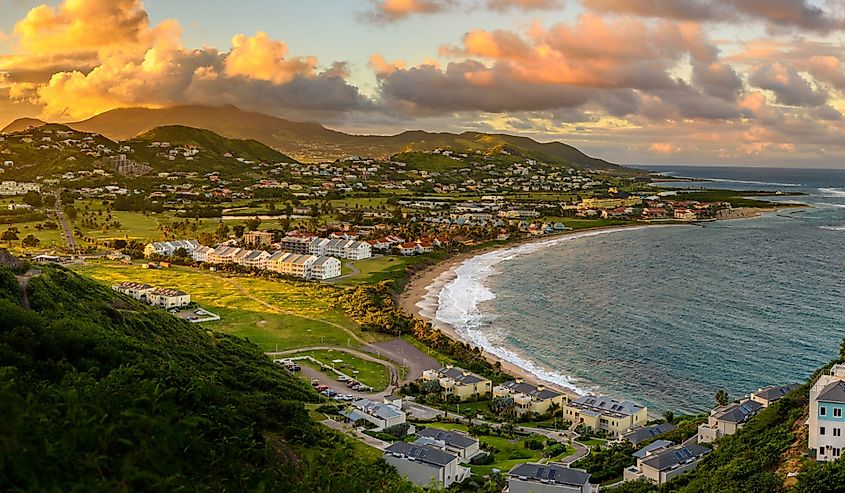 Panorama of Saint Kitts and its capital Basseterre during sunset