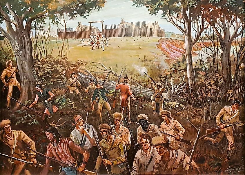 Counterattack! by Sidney E. King shows the sally made by the Louisiana Fixed Infantry Regiment and Quapaw during the April 17, 1783 British partisan raid on Fort Carlos III.