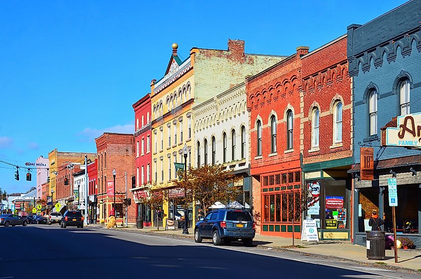 Penn Yan, NY, US- October 31, 2020: American small town- Penn Yan, recognized by "The 100 Best Small Towns In America". Cityscape with colorful buildings on Main Street